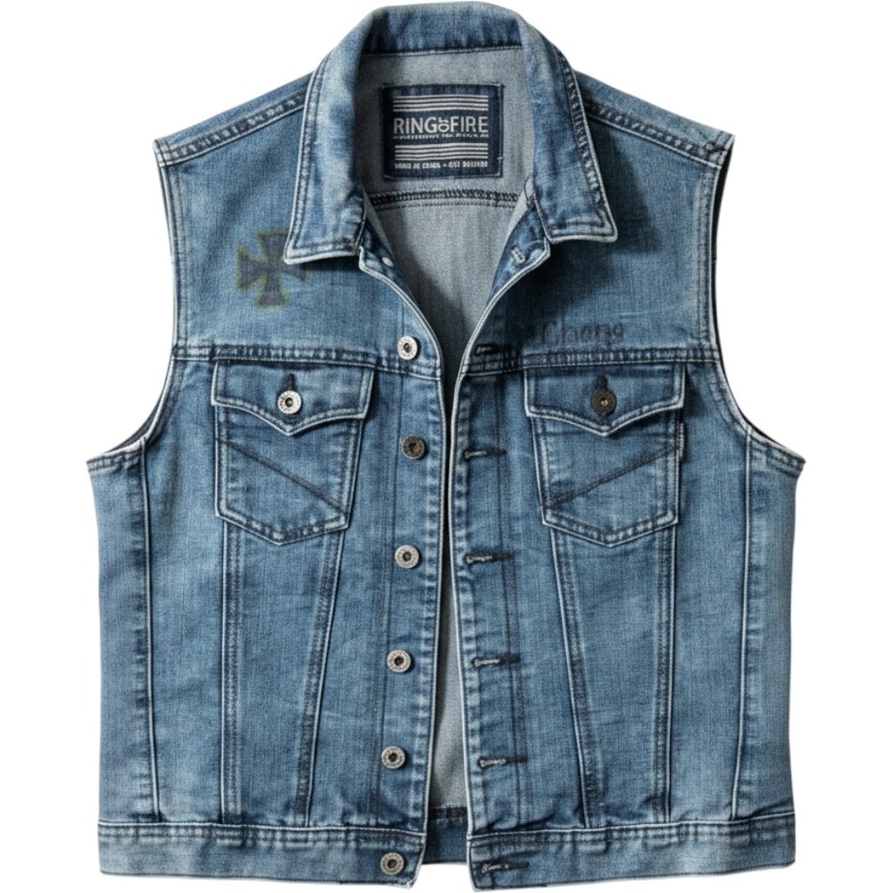 Ring of Fire Denim Vest Medium Wash Eagle American Flag Graphic Biker Streetwear